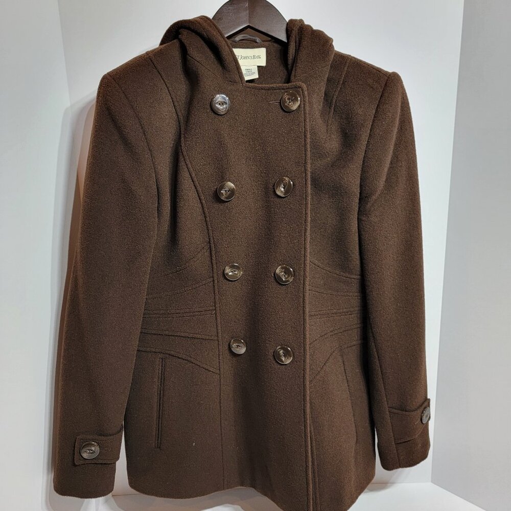 St Johns Bay Brown Hooded Wool Pea Coat